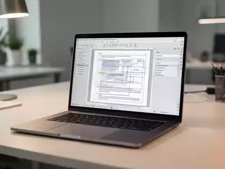 Modernes Laptop mit PDF-Bearbeitungsoberfläche auf einem sauberen Schreibtisch, symbolisiert digitales Dokumentenmanagement. - Foto: über boerse-global.de