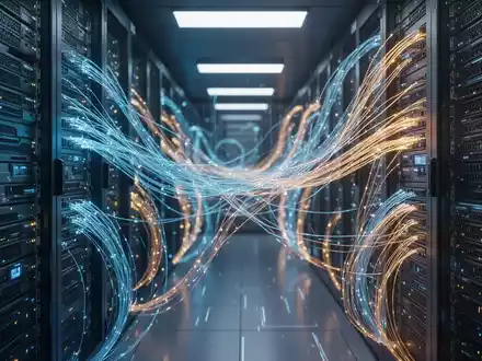 Nahaufnahme von leuchtenden Glasfaserkabeln eines Servers, die künstliche Intelligenz und Datenaustausch darstellen. - Foto: über boerse-global.de