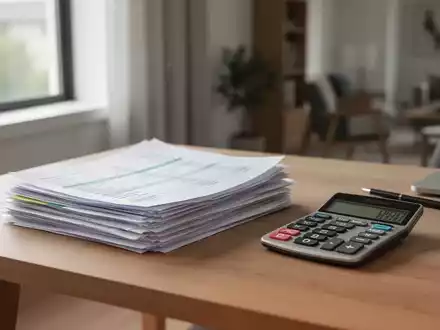 Ein organisierter Schreibtisch mit Taschenrechner und Steuerunterlagen vor einem unscharfen Wohnraumhintergrund. - Foto: über boerse-global.de