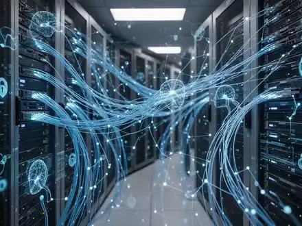 Digitale Darstellung eines gesicherten Serverraums mit Datenvisualisierungen, symbolisiert KI-Cybersicherheitsregulierung. - Foto: über boerse-global.de