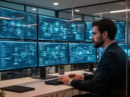 Ein IT-Experte arbeitet in einem modernen Büro an komplexen Systemarchitekturen und Datenvisualisierungen auf großen Bildschirmen. - Foto: über boerse-global.de