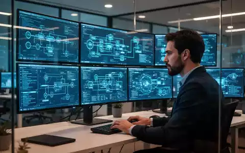 Ein IT-Experte arbeitet in einem modernen Büro an komplexen Systemarchitekturen und Datenvisualisierungen auf großen Bildschirmen. - Foto: über boerse-global.de