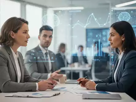 Ein professionelles Coaching-Gespräch in einem modernen Büro mit digitaler Transformation im Hintergrund. - Foto: über boerse-global.de