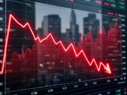Ein fallender Aktienkurs auf einer digitalen Anzeigetafel vor einem verschwommenen Finanzdistrikt. - Foto: über boerse-global.de