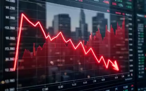 Ein fallender Aktienkurs auf einer digitalen Anzeigetafel vor einem verschwommenen Finanzdistrikt. - Foto: über boerse-global.de