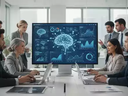 Professionelles Büro-Setting mit einem Team bei der Arbeit an digitalen Datenanalysen und KI-Visualisierungen. - Foto: über boerse-global.de