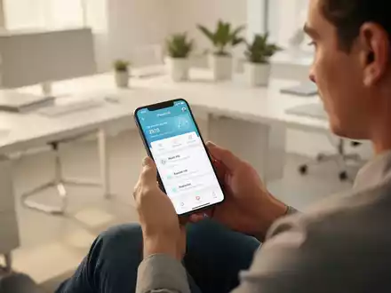Eine Person nutzt eine Gesundheits-App auf einem Smartphone in einer modernen Büroumgebung. - Foto: über boerse-global.de