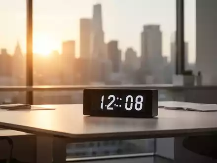 Ein moderner, minimalistischer Arbeitsplatz im sanften Licht der Morgendämmerung mit einer digitalen Uhr. - Foto: über boerse-global.de