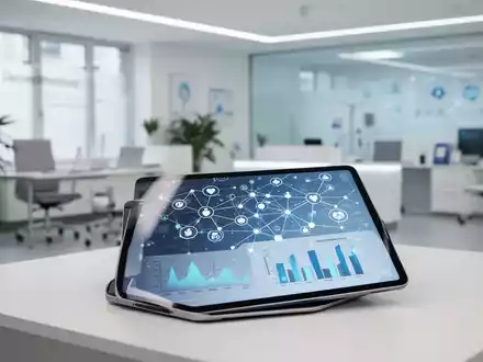 Moderne Arztpraxis mit digitalem Tablet, das Gesundheitsdaten-Diagramme und Netzwerksymbole für digitale Gesundheitsversorgung zeigt. - Foto: über boerse-global.de