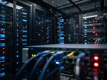 Nahaufnahme von Netzwerkgeräten in einem Rechenzentrum, symbolisiert kritische Infrastruktur-Cybersicherheitsbedrohungen. - Foto: über boerse-global.de