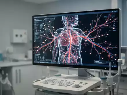 Moderner medizinischer Bildschirm mit KI-gestützter 3D-Visualisierung menschlicher Gefäße zur Risikobewertung. - Foto: über boerse-global.de