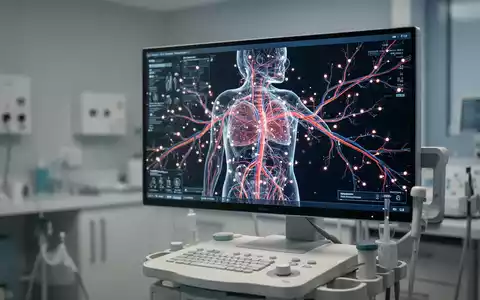 Moderner medizinischer Bildschirm mit KI-gestützter 3D-Visualisierung menschlicher Gefäße zur Risikobewertung. - Foto: über boerse-global.de