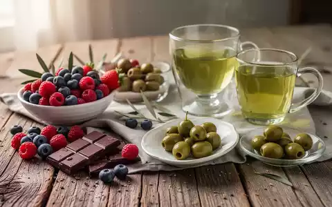 Gesunde Lebensmittel wie Beeren, Oliven und grüner Tee auf einem Holztisch als Symbol für eine präventive Ernährung. - Foto: über boerse-global.de
