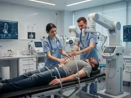 Therapeut unterstützt Patient bei einer physiotherapeutischen Behandlung mit robotergestützter Medizintechnik. - Foto: über boerse-global.de