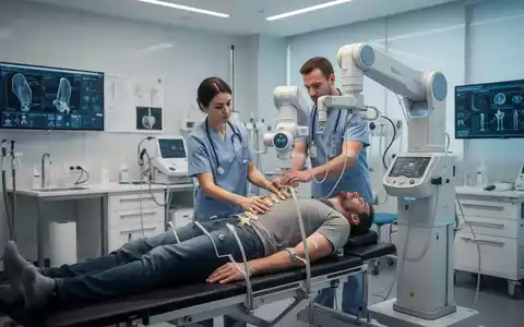 Therapeut unterstützt Patient bei einer physiotherapeutischen Behandlung mit robotergestützter Medizintechnik. - Foto: über boerse-global.de