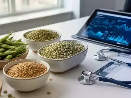 Gesunde Hülsenfrüchte und Sojaprodukte neben medizinischem Stethoskop und Tablet auf einem hellen Holztisch. - Foto: über boerse-global.de