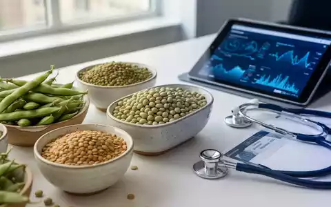 Gesunde Hülsenfrüchte und Sojaprodukte neben medizinischem Stethoskop und Tablet auf einem hellen Holztisch. - Foto: über boerse-global.de