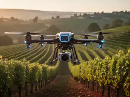 Eine hochmoderne Agrardrohne über einem terrassierten Weinberg bei Sonnenuntergang. - Foto: über boerse-global.de