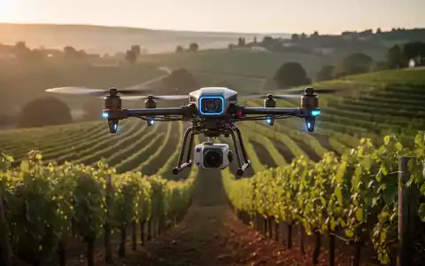 Eine hochmoderne Agrardrohne über einem terrassierten Weinberg bei Sonnenuntergang. - Foto: über boerse-global.de