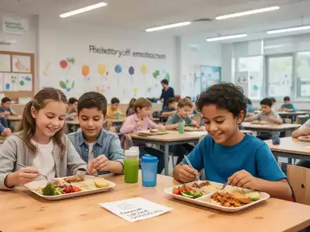 Schülerinnen und Schüler in einer modernen Schulkantine beim gemeinsamen Mittagessen. - Foto: über boerse-global.de