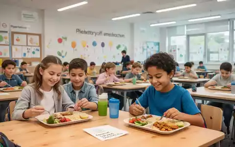 Schülerinnen und Schüler in einer modernen Schulkantine beim gemeinsamen Mittagessen. - Foto: über boerse-global.de
