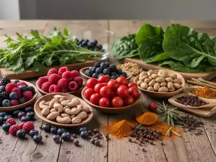 Frische, entzündungshemmende Lebensmittel wie Beeren, Nüsse und grünes Blattgemüse auf einem Holztisch. - Foto: über boerse-global.de