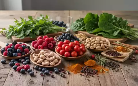Frische, entzündungshemmende Lebensmittel wie Beeren, Nüsse und grünes Blattgemüse auf einem Holztisch. - Foto: über boerse-global.de