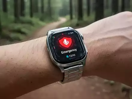 Moderne Smartwatch am Handgelenk mit verschwommenem Waldweg im Hintergrund, Symbol für Notfall-Sicherheitstechnologie. - Foto: über boerse-global.de
