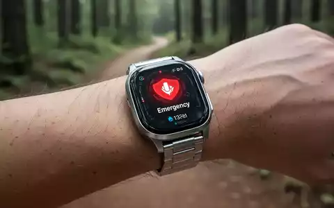 Moderne Smartwatch am Handgelenk mit verschwommenem Waldweg im Hintergrund, Symbol für Notfall-Sicherheitstechnologie. - Foto: über boerse-global.de