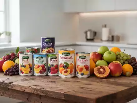 Eine Auswahl an Dosenobst und frischem Obst auf einem Holztisch in einer hellen, modernen Küche. - Foto: über boerse-global.de
