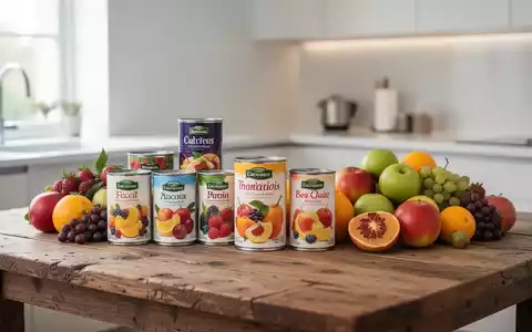 Eine Auswahl an Dosenobst und frischem Obst auf einem Holztisch in einer hellen, modernen Küche. - Foto: über boerse-global.de