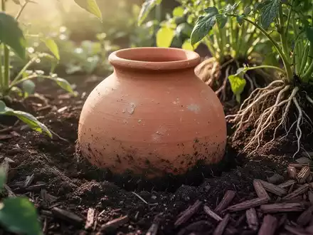 Ein in die Erde eingegrabenes Tongefäß zur effizienten Bewässerung von Pflanzen in einem Garten. - Foto: über boerse-global.de