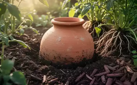 Ein in die Erde eingegrabenes Tongefäß zur effizienten Bewässerung von Pflanzen in einem Garten. - Foto: über boerse-global.de
