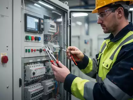 Elektriker bei der Sicherheitsprüfung eines modernen Schaltschranks in einem Industriebetrieb. - Foto: über boerse-global.de
