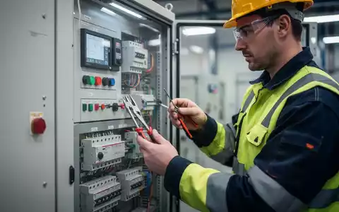 Elektriker bei der Sicherheitsprüfung eines modernen Schaltschranks in einem Industriebetrieb. - Foto: über boerse-global.de