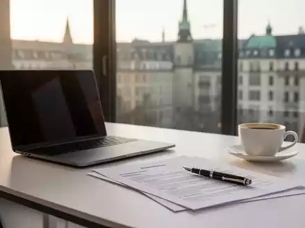 Ein moderner Schreibtisch mit Laptop und Dokumenten vor einem unscharfen Berliner Stadtpanorama. - Foto: über boerse-global.de