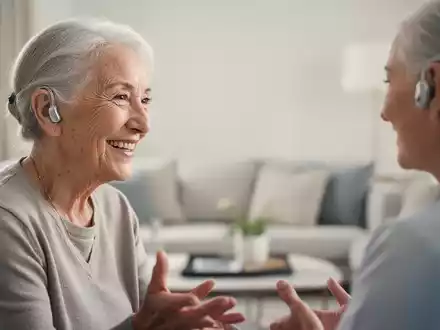 Eine ältere Person im Gespräch in einem hellen, modernen Wohnzimmer, die ein diskretes Hörgerät trägt. - Foto: über boerse-global.de