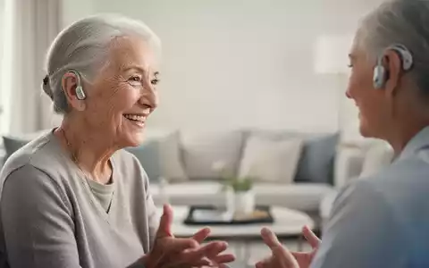 Eine ältere Person im Gespräch in einem hellen, modernen Wohnzimmer, die ein diskretes Hörgerät trägt. - Foto: über boerse-global.de