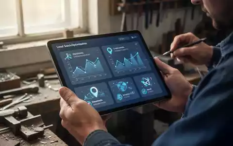 Ein Handwerker betrachtet ein Tablet mit digitalen Analysedaten zur lokalen Online-Optimierung in einer Werkstatt. - Foto: über boerse-global.de