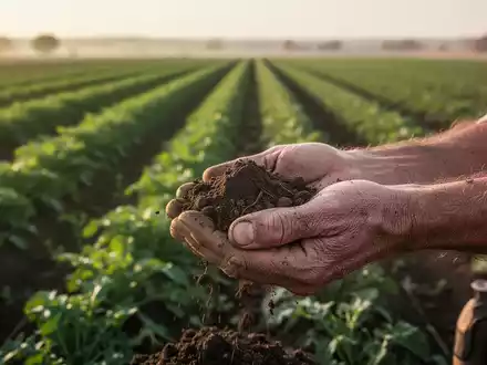 Nahaufnahme von Händen, die Erde in einem landwirtschaftlichen Feld halten, als Symbol für die Arbeitssicherheit. - Foto: über boerse-global.de