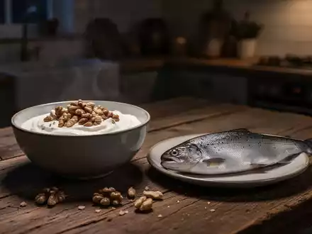 Eine Schüssel griechischer Joghurt mit Nüssen und ein Stück Forelle auf einem Holztisch als nächtliche Proteinquelle. - Foto: über boerse-global.de