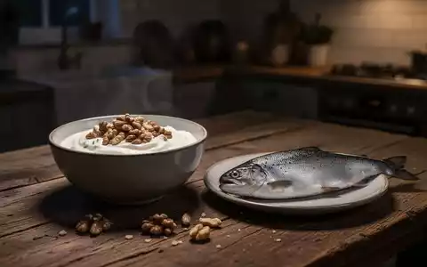 Eine Schüssel griechischer Joghurt mit Nüssen und ein Stück Forelle auf einem Holztisch als nächtliche Proteinquelle. - Foto: über boerse-global.de