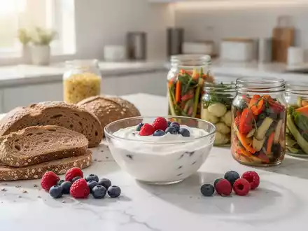 Nahaufnahme von gesundem Joghurt, Vollkornbrot und fermentiertem Gemüse auf einem hellen Küchentisch. - Foto: über boerse-global.de