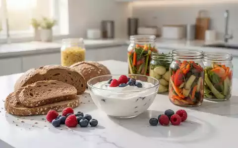 Nahaufnahme von gesundem Joghurt, Vollkornbrot und fermentiertem Gemüse auf einem hellen Küchentisch. - Foto: über boerse-global.de