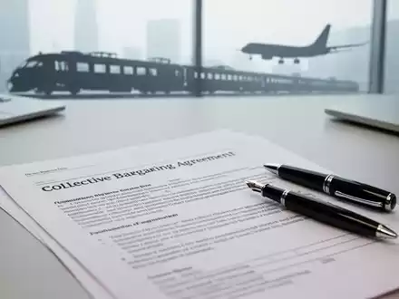 Ein Dokument zu einem Tarifvertrag mit Stift auf einem Schreibtisch, im Hintergrund stilisierte Symbole für Bahn und Luftfahrt. - Foto: über boerse-global.de