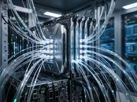 Hochentwickelter GPU-Server-Cluster mit optischen Verbindungen in einer High-Tech-Rechenzentrumsumgebung. - Foto: über boerse-global.de