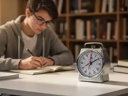 Ein fokussierter Schüler an einem aufgeräumten Schreibtisch mit einem analogen Kurzzeitwecker für Lernphasen. - Foto: über boerse-global.de