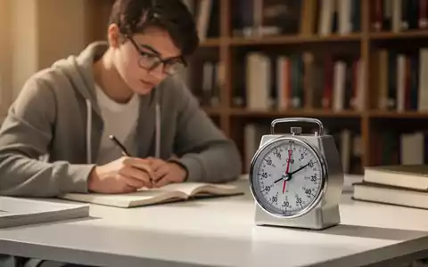 Ein fokussierter Schüler an einem aufgeräumten Schreibtisch mit einem analogen Kurzzeitwecker für Lernphasen. - Foto: über boerse-global.de