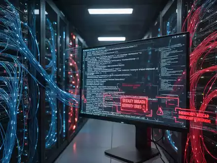 Digitale Sicherheitsverletzung dargestellt durch leuchtende Serverlichter und komplexen Code auf einem Computermonitor. - Foto: über boerse-global.de