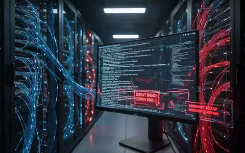Digitale Sicherheitsverletzung dargestellt durch leuchtende Serverlichter und komplexen Code auf einem Computermonitor. - Foto: über boerse-global.de